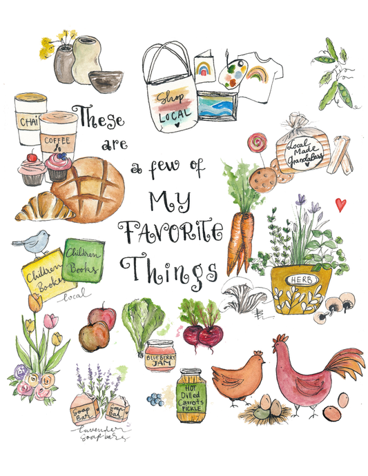 this is a few of my favorite things watercolor print. farmer market lover.