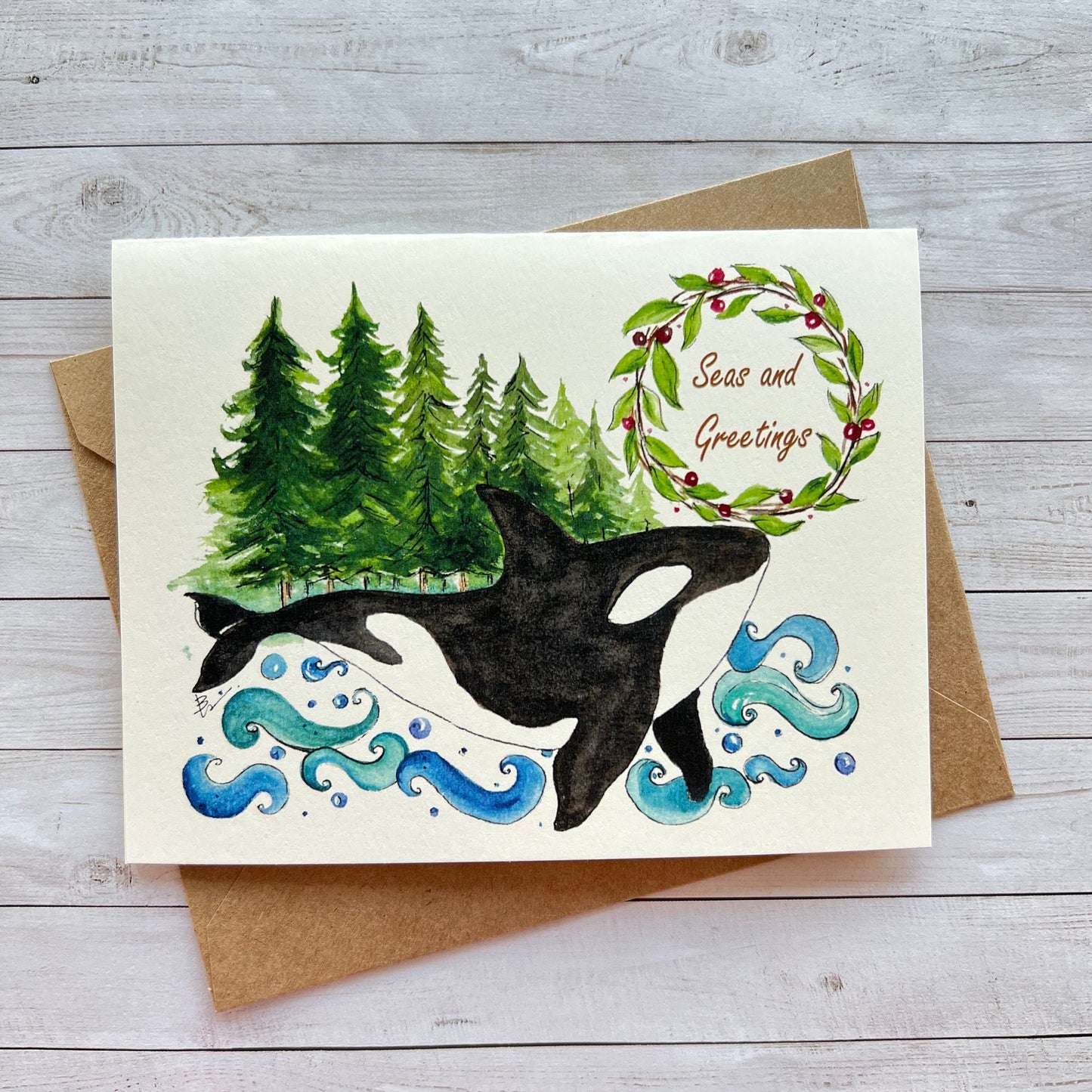 Seas and Greetings. Christmas Orca Whale, Christmas, Holidays card.  Ocean theme