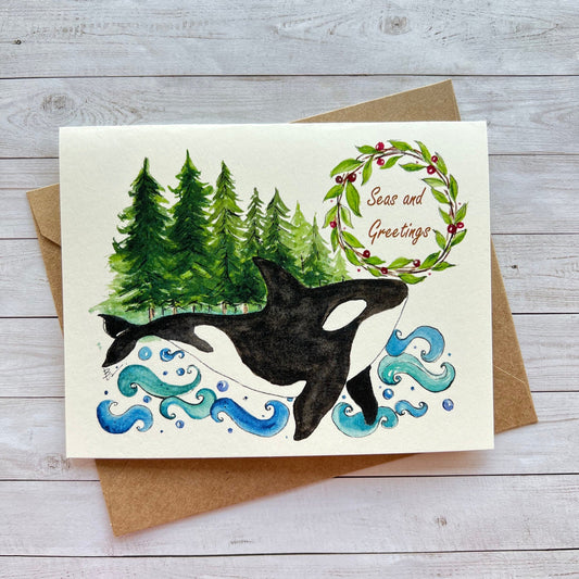 Seas and Greetings. Christmas Orca Whale, Christmas, Holidays card.  Ocean theme